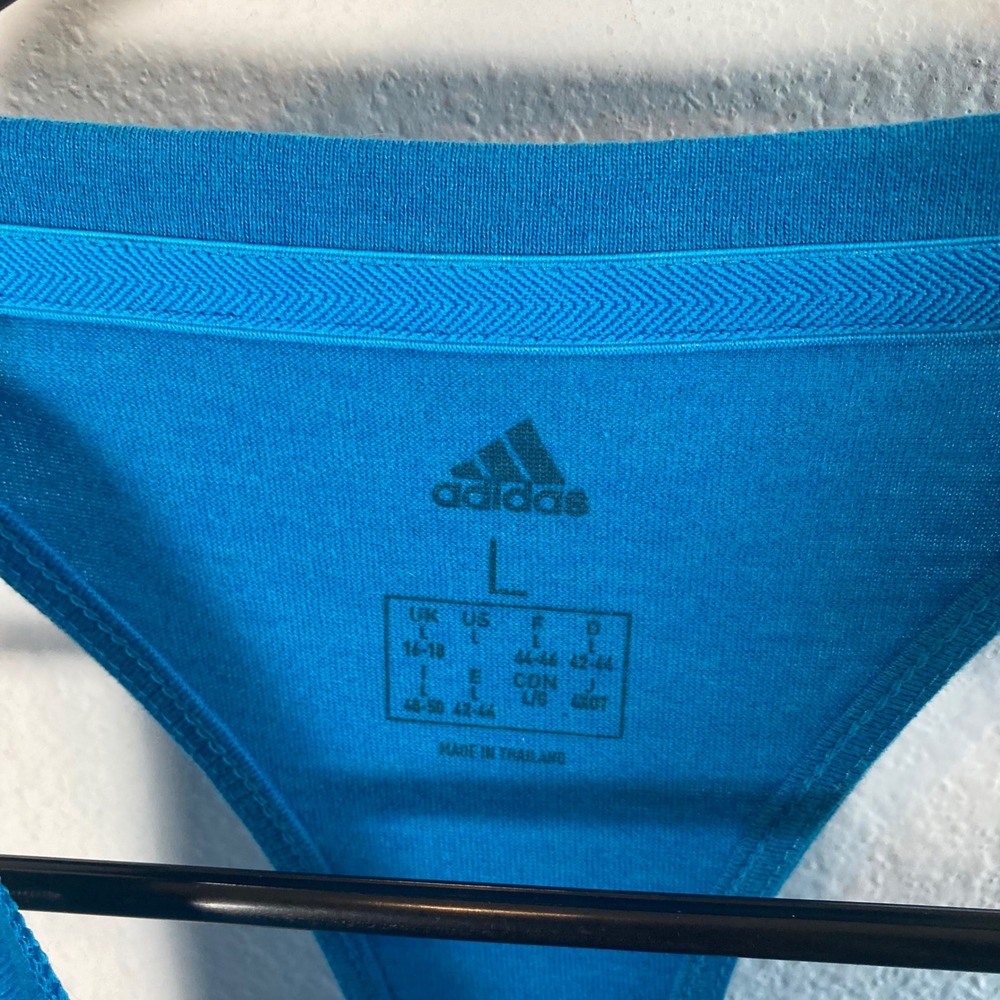 Adidas Tank Top Women Large Blue Graphic Logo Racerback Open Back Activewear - Picture 4 of 7